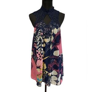 Entro M Blue Pink Babydoll Mini Dress Lace Neckline NWT